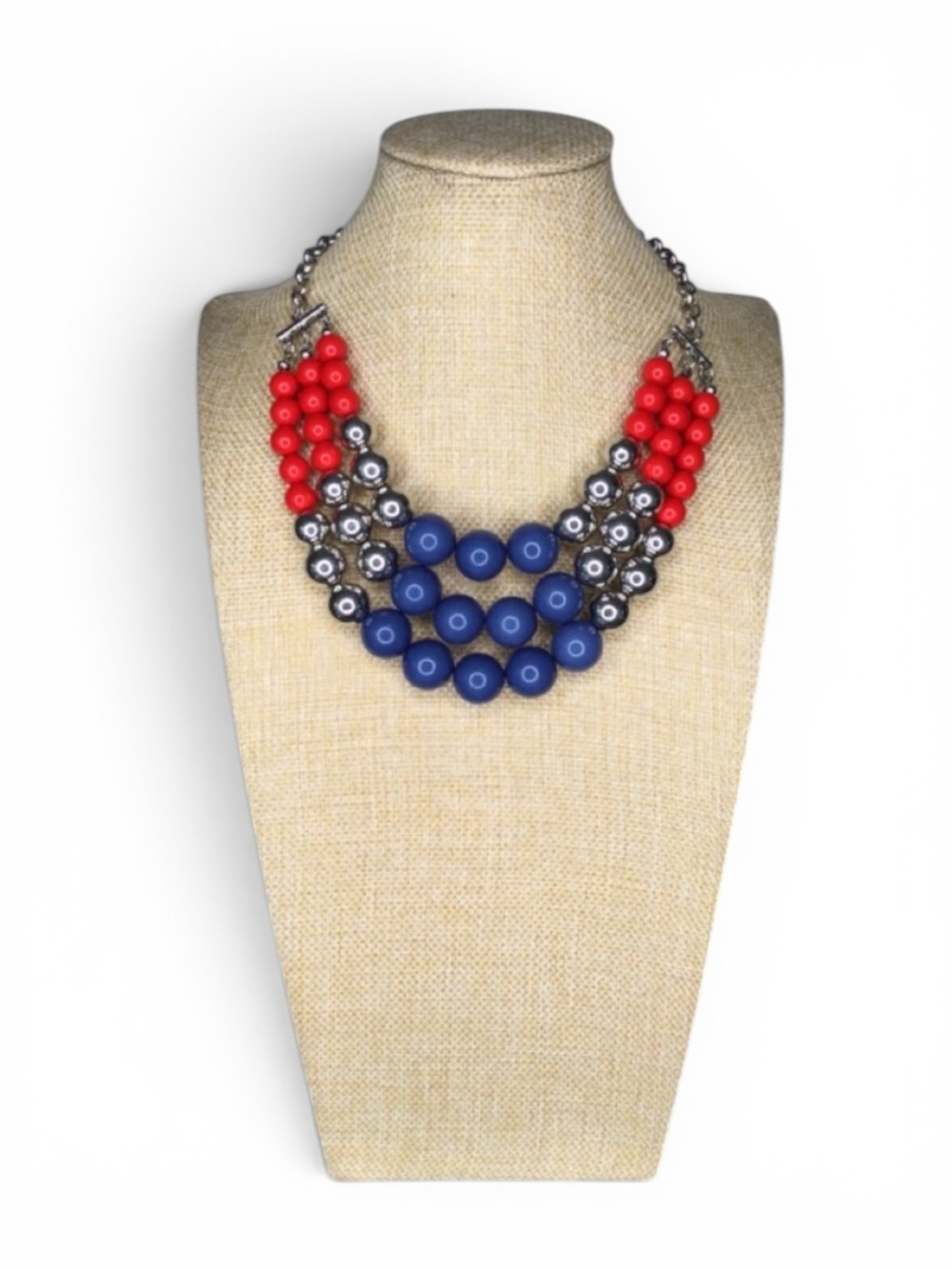 Triple‑Strand Red, Silver & Navy Patriotic Beaded Statement Necklace - Picture 4 of 12